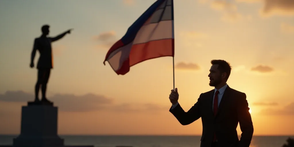 a statue of a man pointing at a flag in the background of a silhouette of a man in a suit, Don Arday