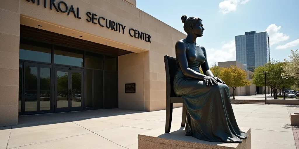 a statue of a woman sitting on a chair in front of a building with a sign that says the national sec
