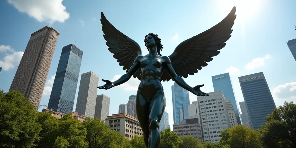 a statue of an angel in a city park with skyscrapers in the background, in a sunny day, David Alfaro