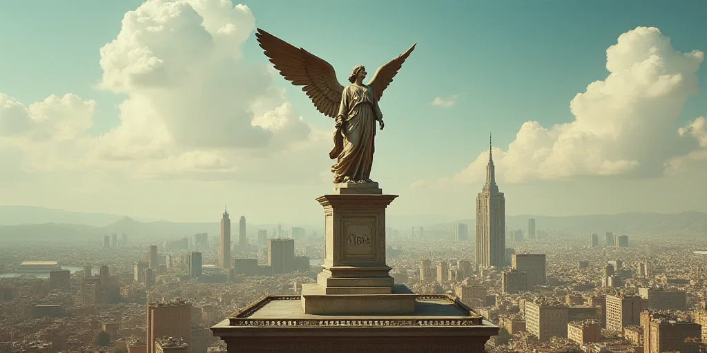 a statue of an angel on top of a building with a city in the background with the words atlas written