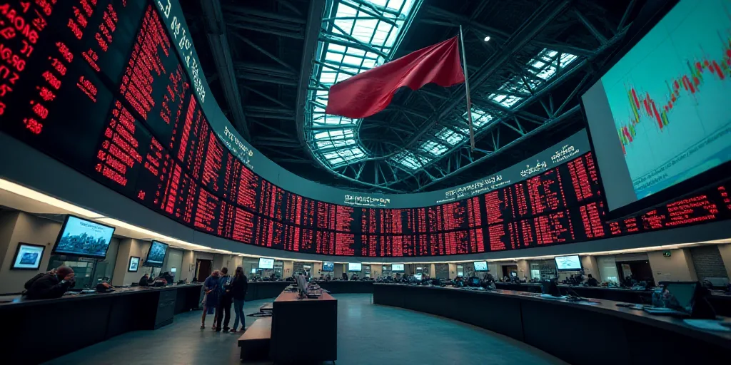 a stock market with a large display of stock prices on the wall and a flag hanging from the ceiling,