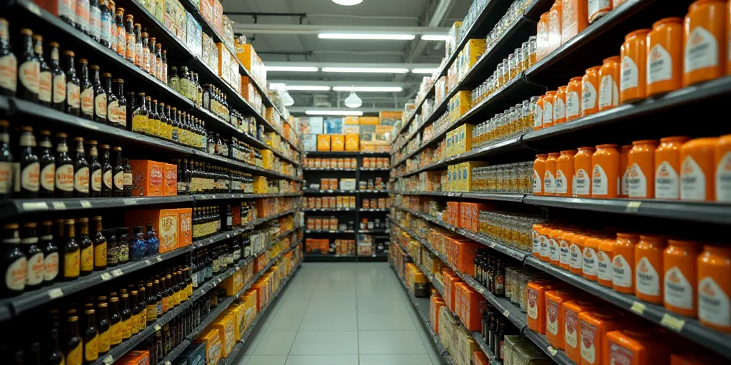 a store filled with lots of bottles of beer and boxes of orange juice on the shelves of the store, A