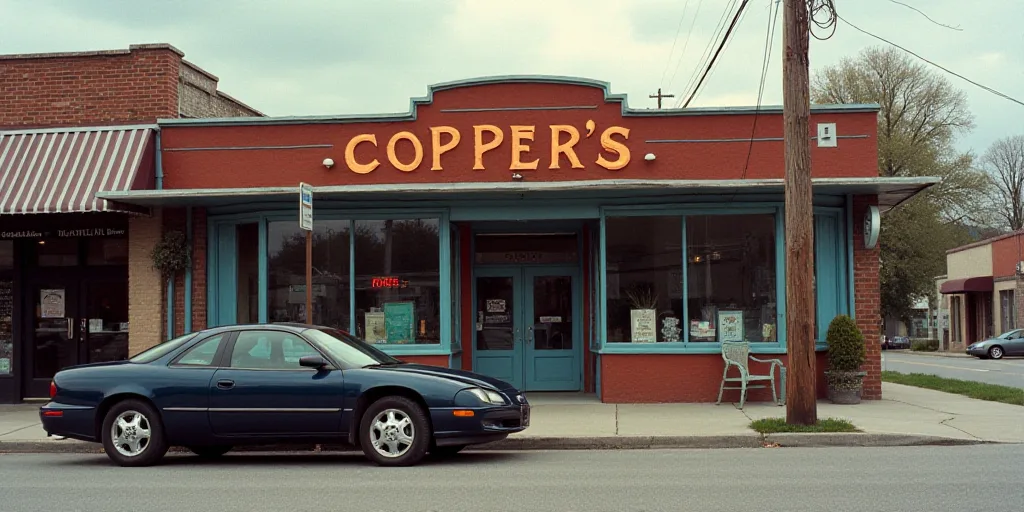 a store front with a sign that says copper on it's side and a car parked in front of it, Constance C