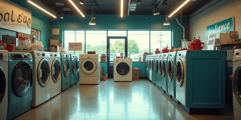 a store with a washing machine and dryer in it's display area and a sign that says appliance, Doug O