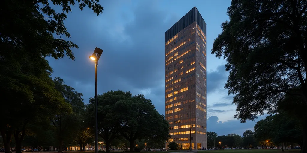 a street light and a tall building in the background with trees in the foreground and a street light