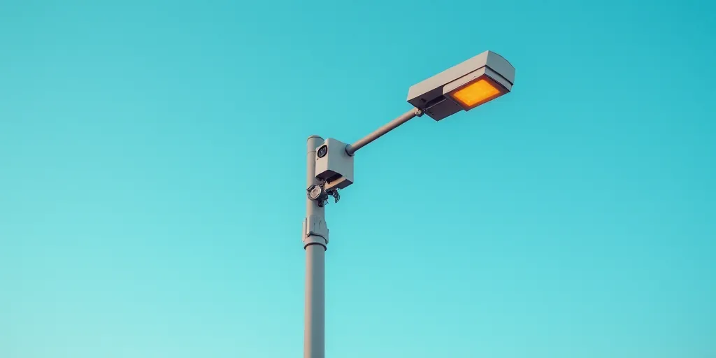 a street light with a camera attached to it's pole and a blue sky in the background with no clouds,