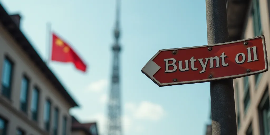 a street sign on a pole with a flag in the background of a building and a flag in the background, An
