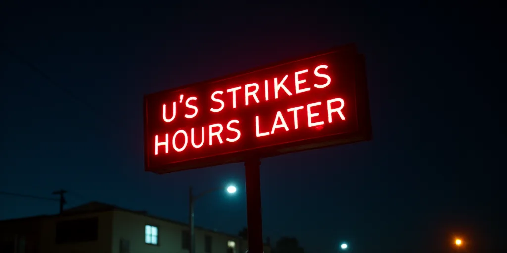 a street sign that is lit up at night time with the words u s strikes hours later on it, David Diao,