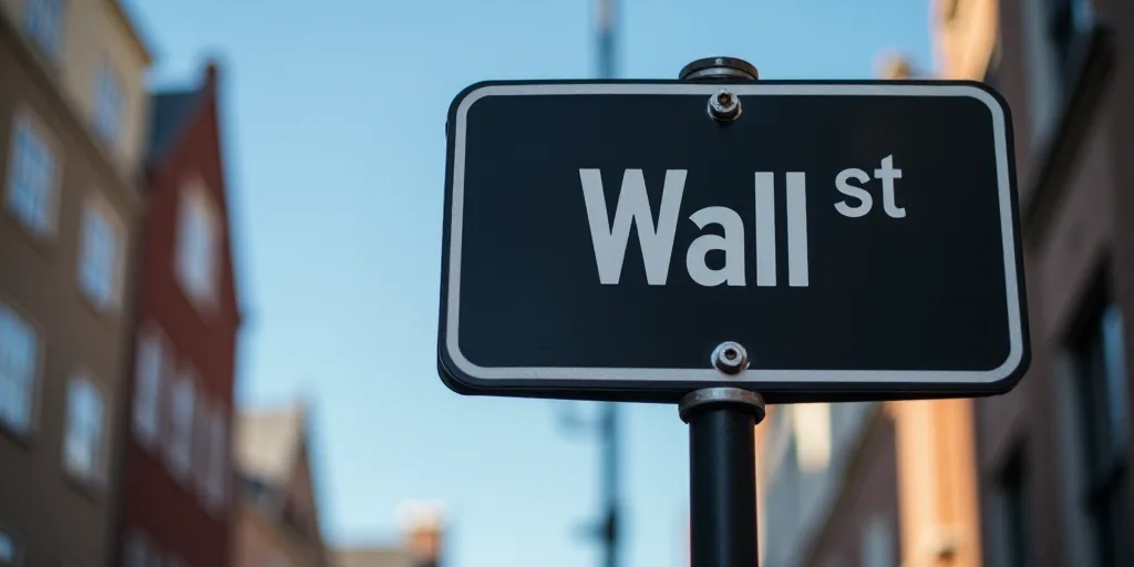 a street sign that is on a pole with a black background and white lettering on it that says wall st,