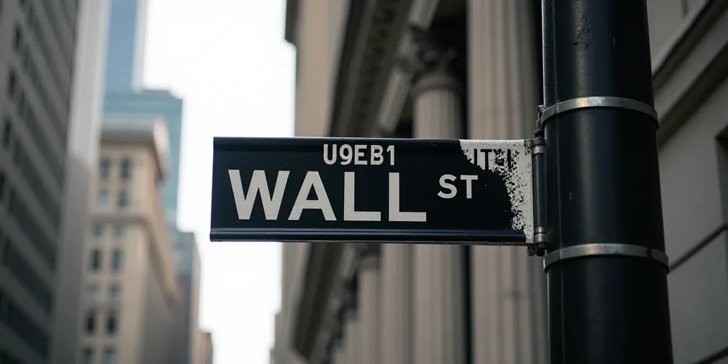 a street sign that is on the side of a building that says wall street and new york stock exchange, A