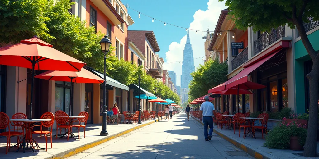 a street with tables and chairs and umbrellas on the side of it and people walking by the sidewalk,
