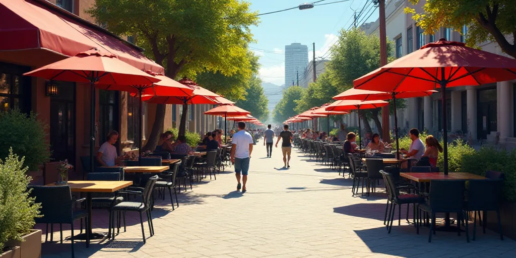 a street with tables and chairs and umbrellas on the side of it and people walking by the sidewalk,