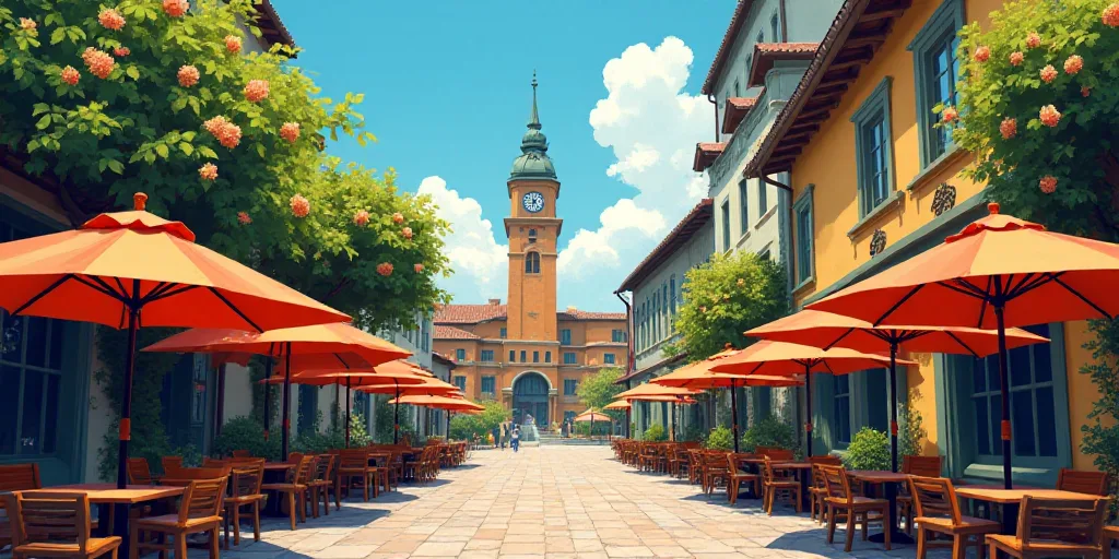 a street with tables and umbrellas on both sides of it and a building with a clock tower in the back
