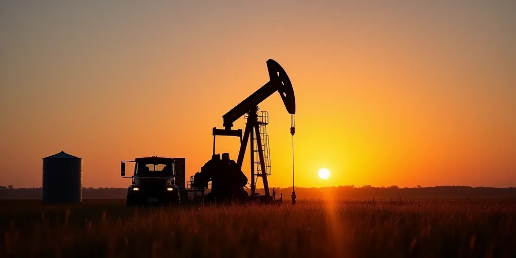 a sunset behind an oil pump with the sun setting behind it and a truck in the foreground with a grai