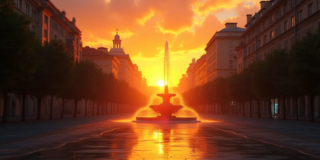 a sunset view of a city with a fountain in the middle of the street and buildings in the background,