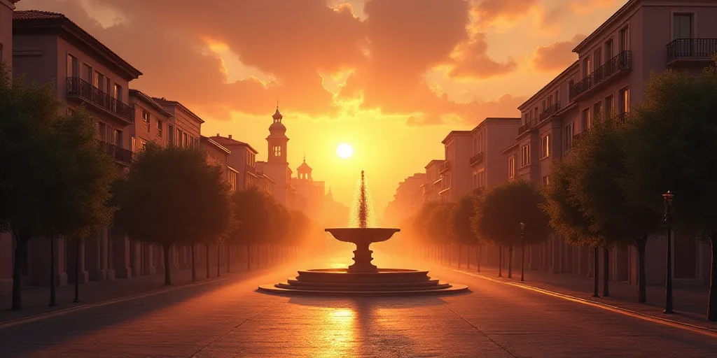 a sunset view of a city with a fountain in the middle of the street and buildings in the background,