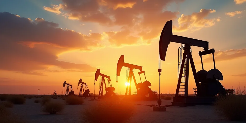 a sunset view of oil pumps in the desert with a sky background and clouds in the background, with a