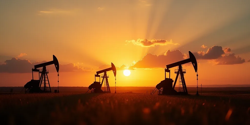 a sunset view of oil pumps in the middle of a field with a sky background and clouds in the backgrou