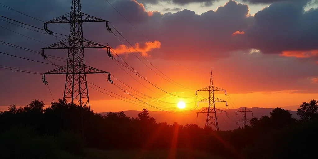 a sunset with power lines and a sky background with clouds and trees in the foreground and a few pow