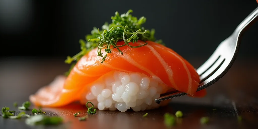 a sushi with a piece of salmon on it is being held up by a fork with seaweed and other seaweed, Aya