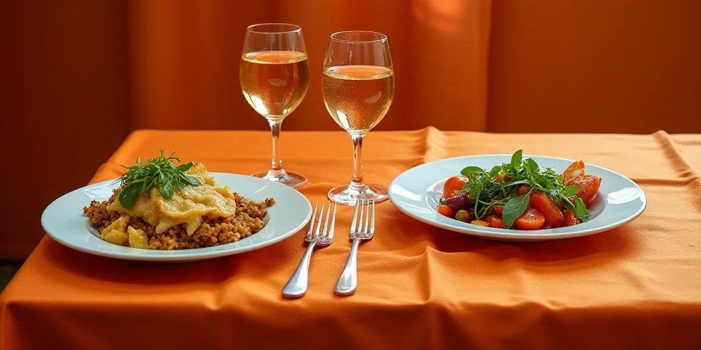 a table topped with plates of food and wine glasses next to each other on an orange table cloth cove