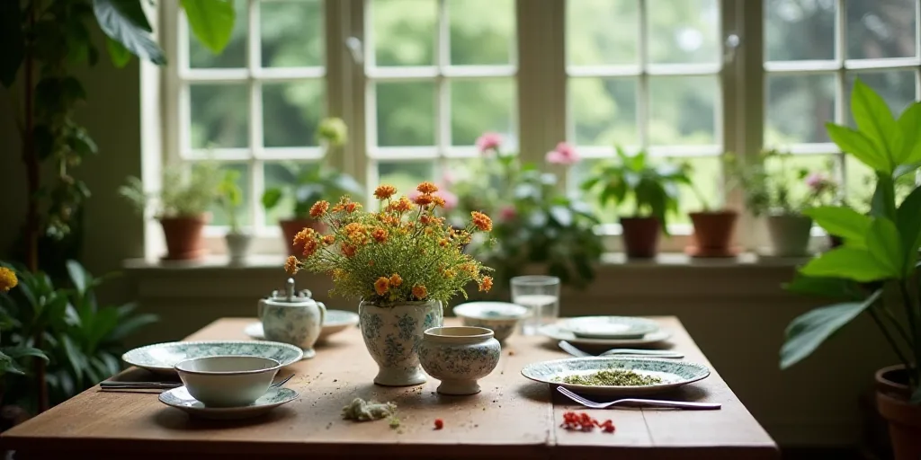 a table with plates and flowers on it in a room with plants and windows in the background and a larg