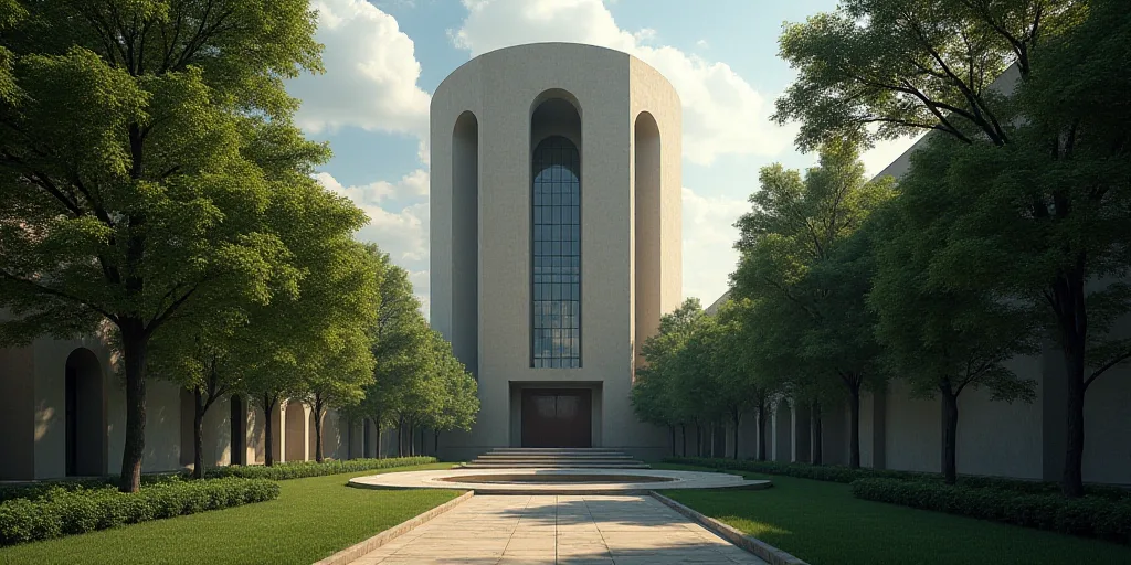 a tall building with a circular entrance in front of it and trees around it in front of it is a sign