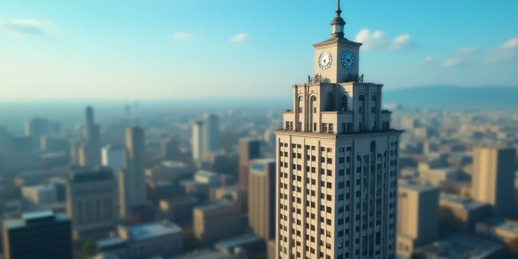 a tall building with a clock on top of it in a city with tall buildings and a blue sky, Ceferí Oliv