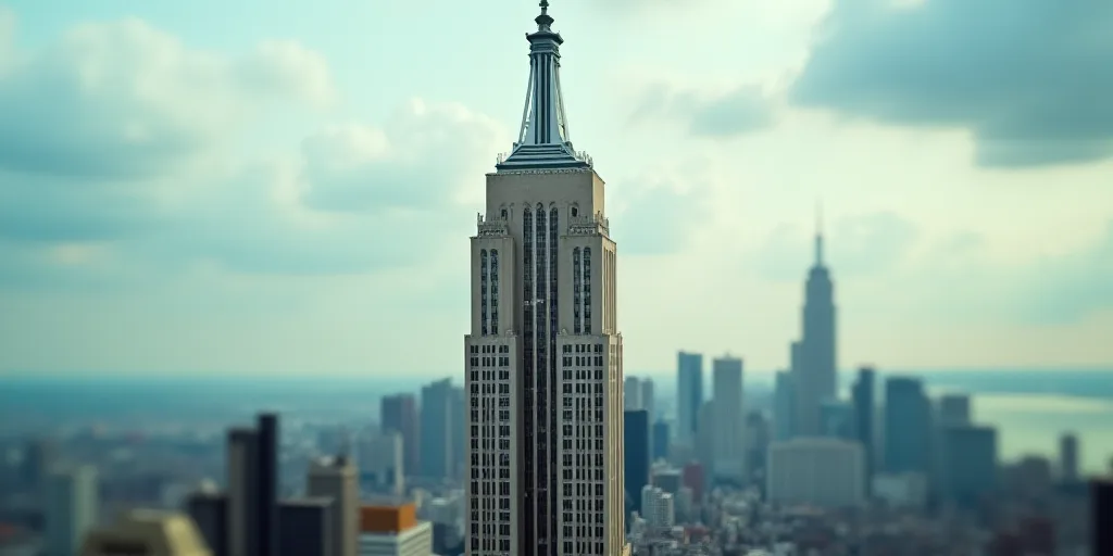 a tall building with a clock on top of it in a cityscape with a sky background and a few buildings,