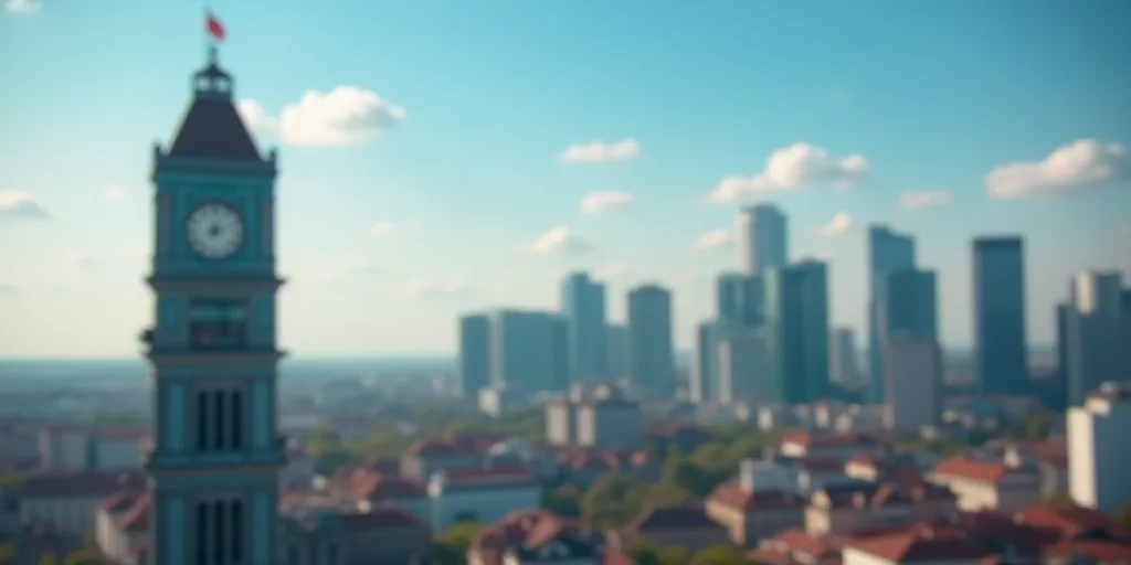 a tall building with a clock on top of it in a city with tall buildings and a blue sky, Ceferí Oliv