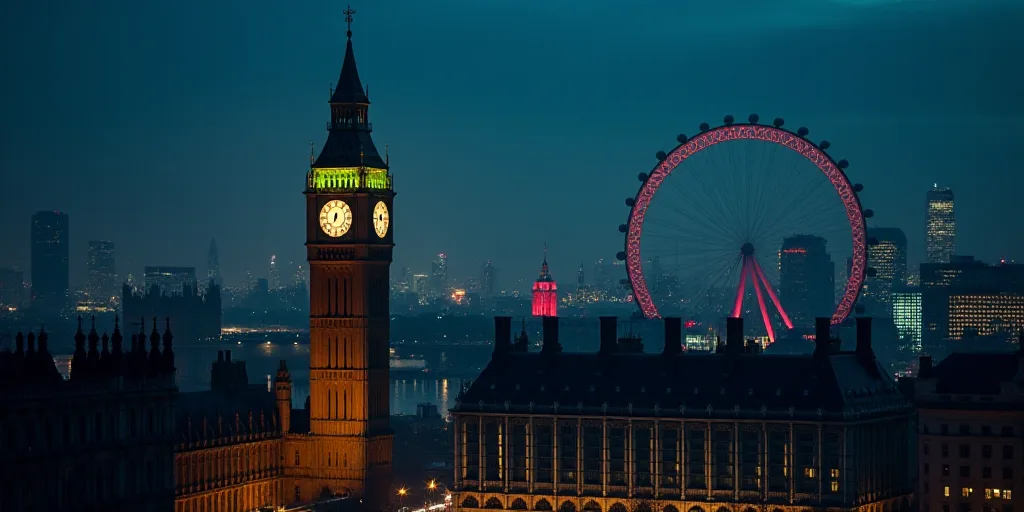 a tall building with a clock tower lit up at night in the city of london, england, with a ferris whe