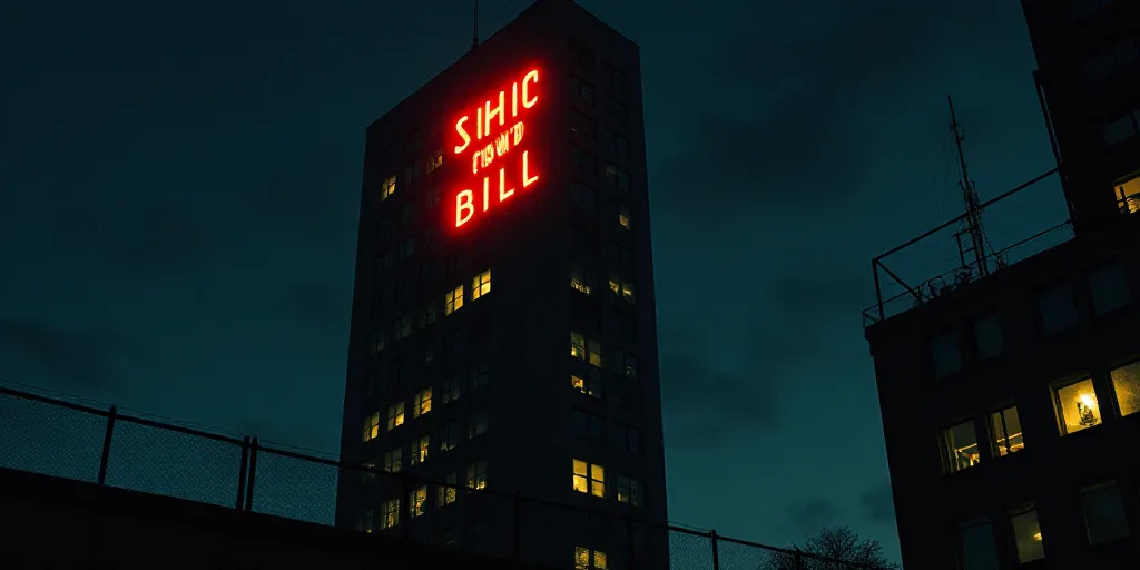 a tall building with a lit up sign on it's side at night time with a clock on the side of it, Clyffo
