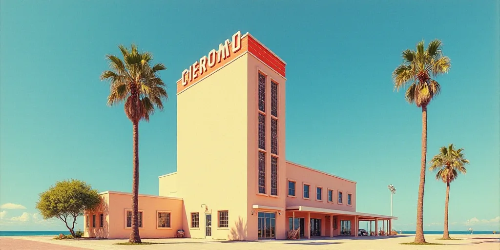 a tall building with a sign on top of it's side and palm trees in front of it, Carles Delclaux Is, s