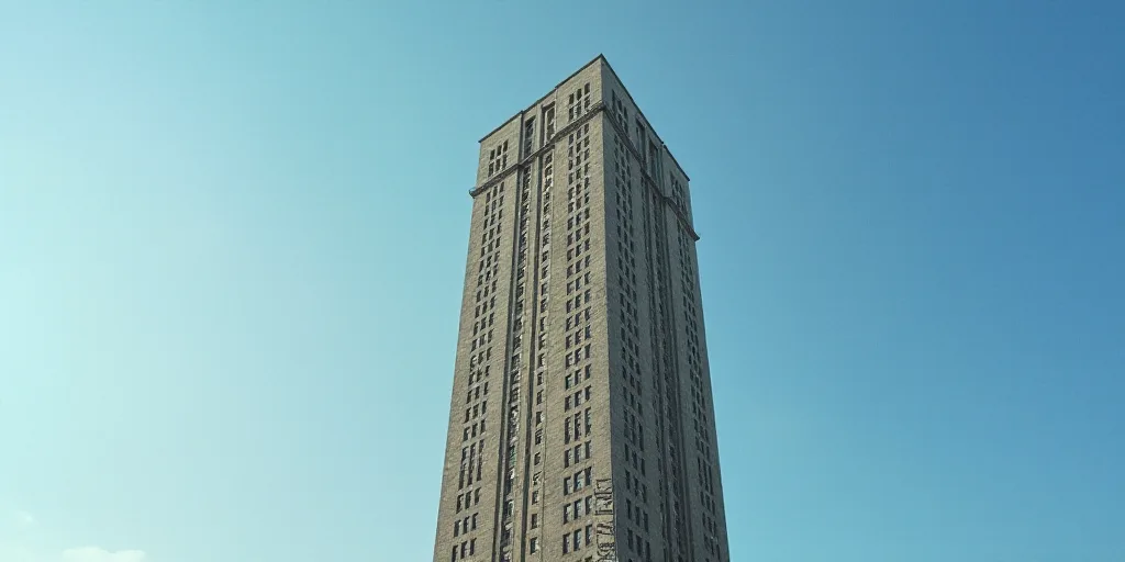 a tall building with a sign on the side of it's face in front of a blue sky, Andreas Gursky, grotesq