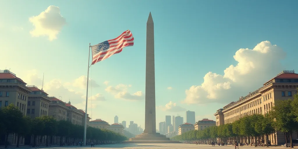 a tall obelisk in a city with a flag flying in the wind and a building in the background, Emiliano P