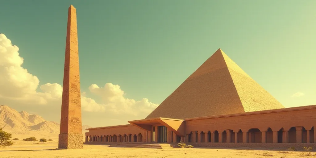 a tall obelisk in front of a building with a triangular design on it's side and a triangular pyramid