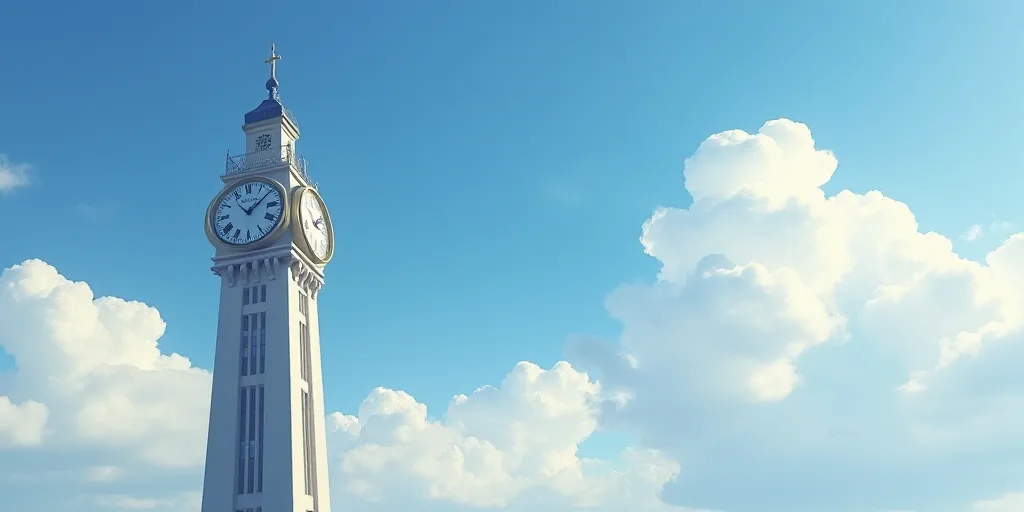a tall tower with a clock on top of it's side and a sky background with clouds in the background, An