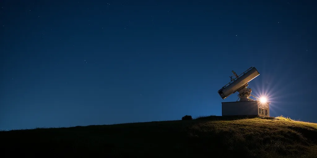 a telescope on a hill with a night sky in the background and stars in the sky above it, and a buildi