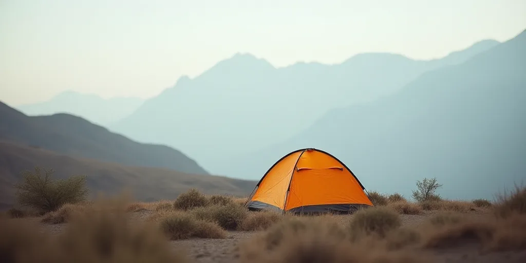 a tent is set up on a hill with mountains in the background and fog in the air above it, Elinor Prob