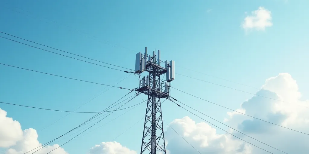 a tower with several cell phones on it and a sky background with clouds in the background and a few