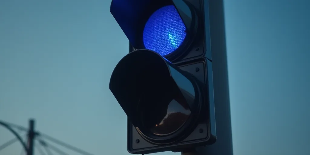a traffic light with a blue light on top of it and a white light on the bottom of it, Epsylon Point,