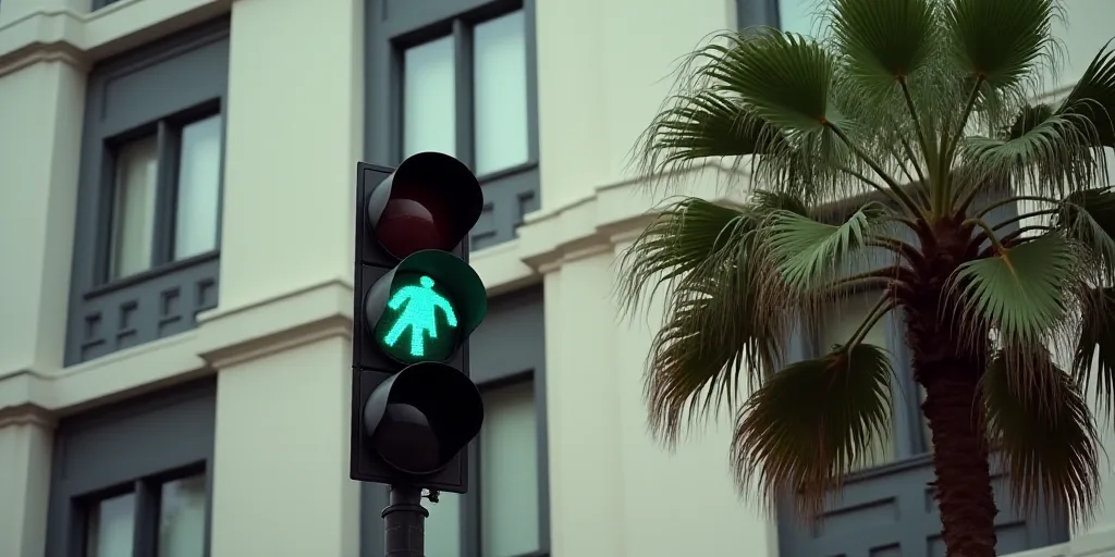 a traffic light with a green pedestrian signal in front of a building with a palm tree in the foregr