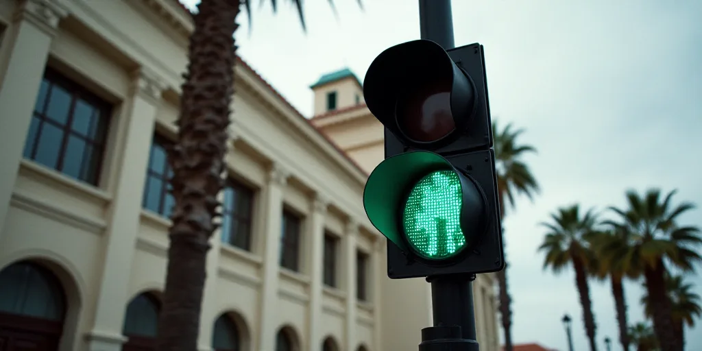 a traffic light with a green pedestrian signal in front of a building with a palm tree in the foregr