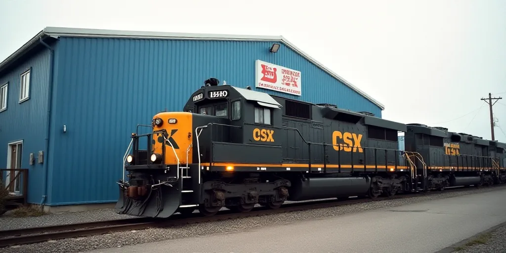 a train is parked in front of a blue building with a sign that says csx on it and a sign that says w