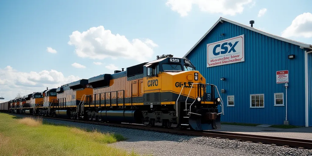 a train is parked in front of a blue building with a sign that says csx on it and a sign that says w