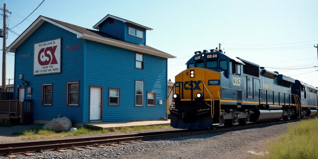 a train is parked in front of a blue building with a sign that says csx on it and a sign that says w