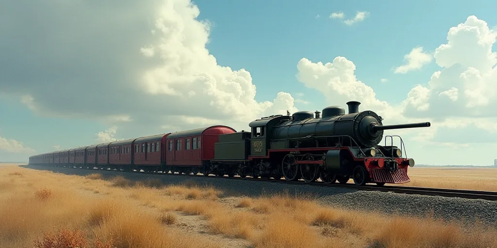 a train is parked next to a row of tanks on a track with a sky background and clouds in the distance