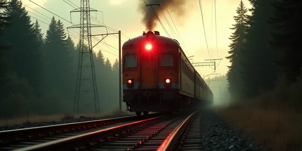 a train is traveling down the tracks near a forest and power lines in the distance, with a red light