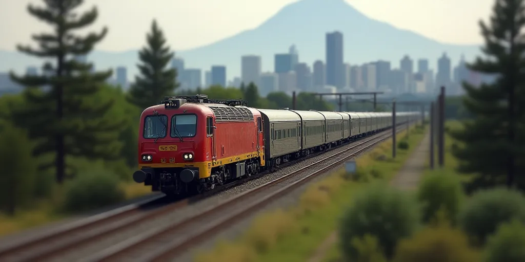 a train traveling down tracks near a city with tall buildings and trees in the background, with a mo