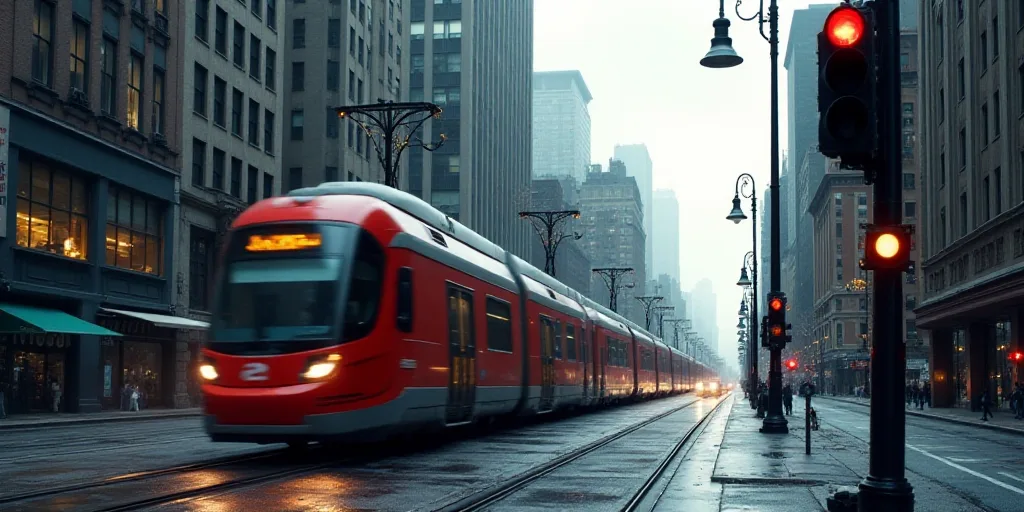a train traveling through a city next to tall buildings and traffic lights on a cloudy day with a vi